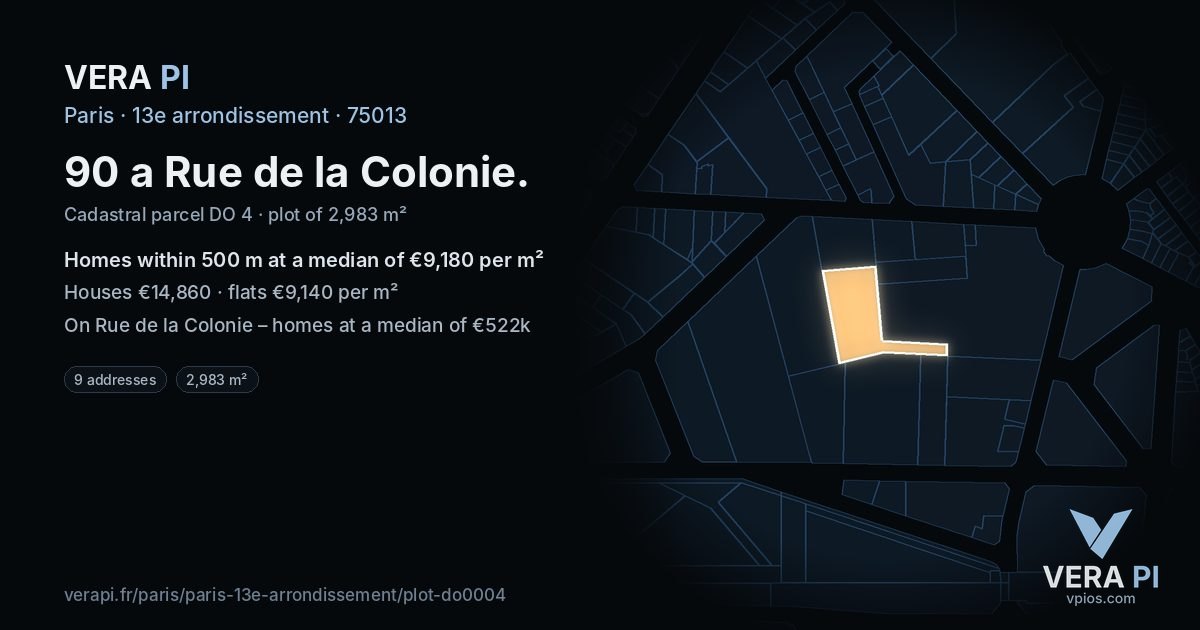 90 a Rue de la Colonie, 13e arrondissement at night – the plot lit, the parcels around coloured by the prices near them
