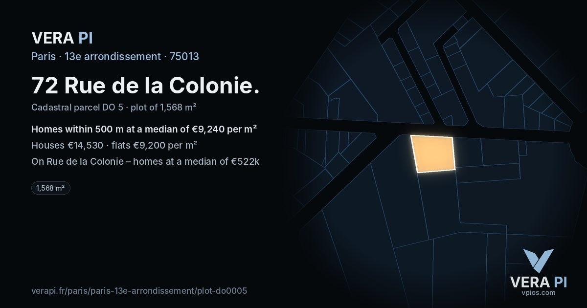 72 Rue de la Colonie, 13e arrondissement at night – the plot lit, the parcels around coloured by the prices near them