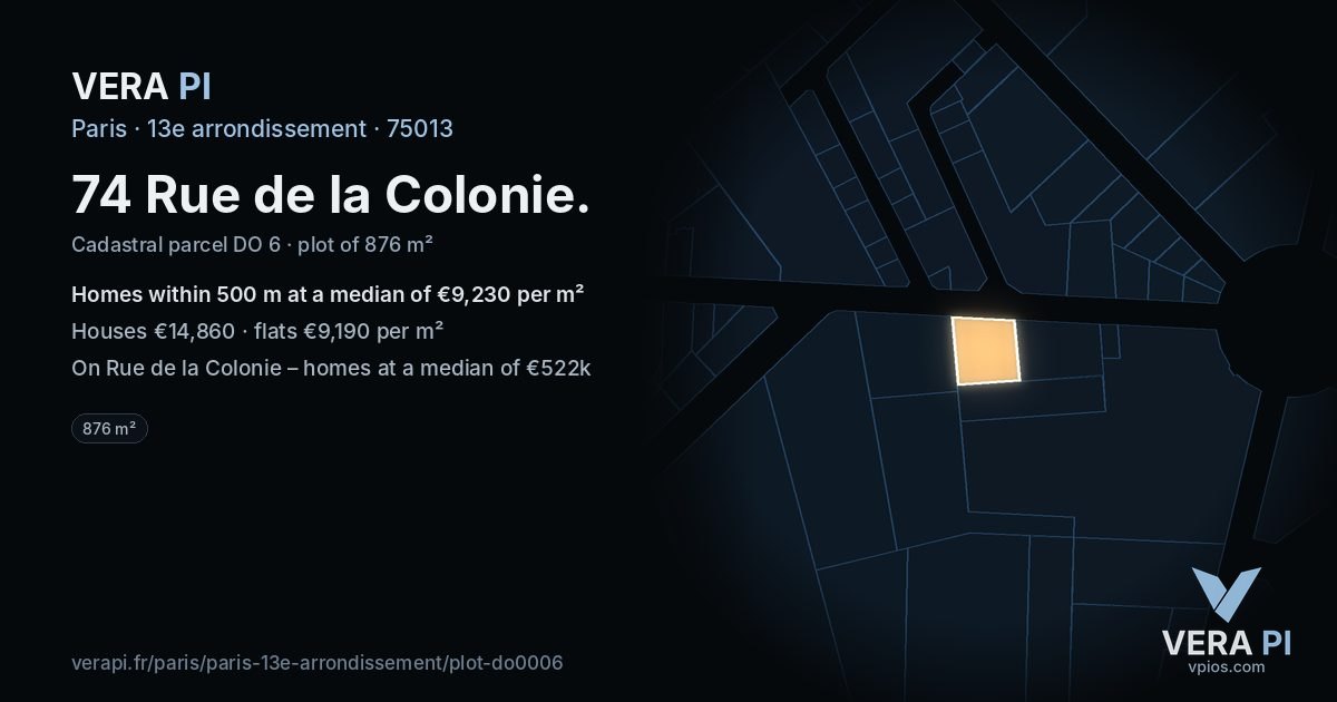 74 Rue de la Colonie, 13e arrondissement at night – the plot lit, the parcels around coloured by the prices near them