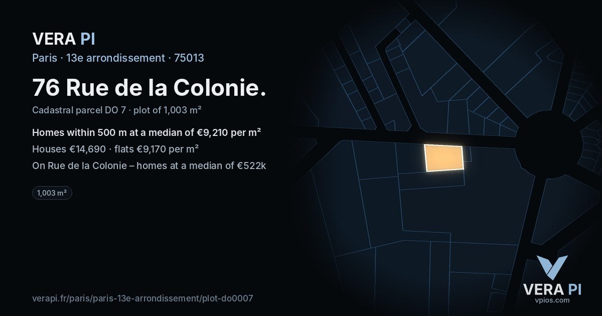 76 Rue de la Colonie, 13e arrondissement at night – the plot lit, the parcels around coloured by the prices near them