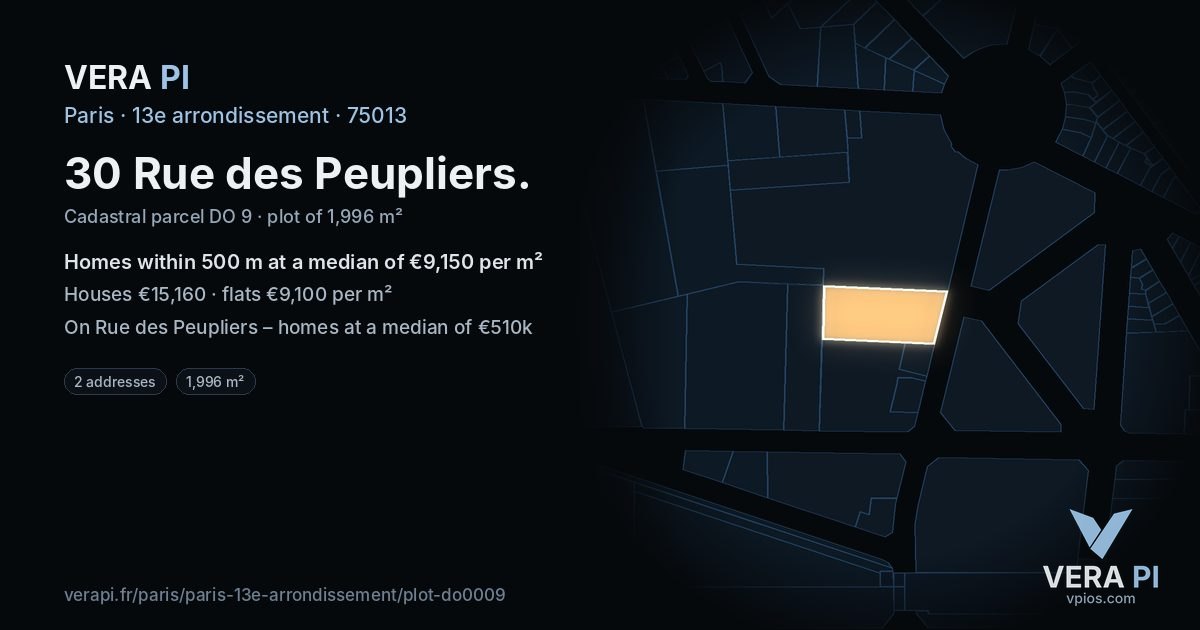 30 Rue des Peupliers, 13e arrondissement at night – the plot lit, the parcels around coloured by the prices near them