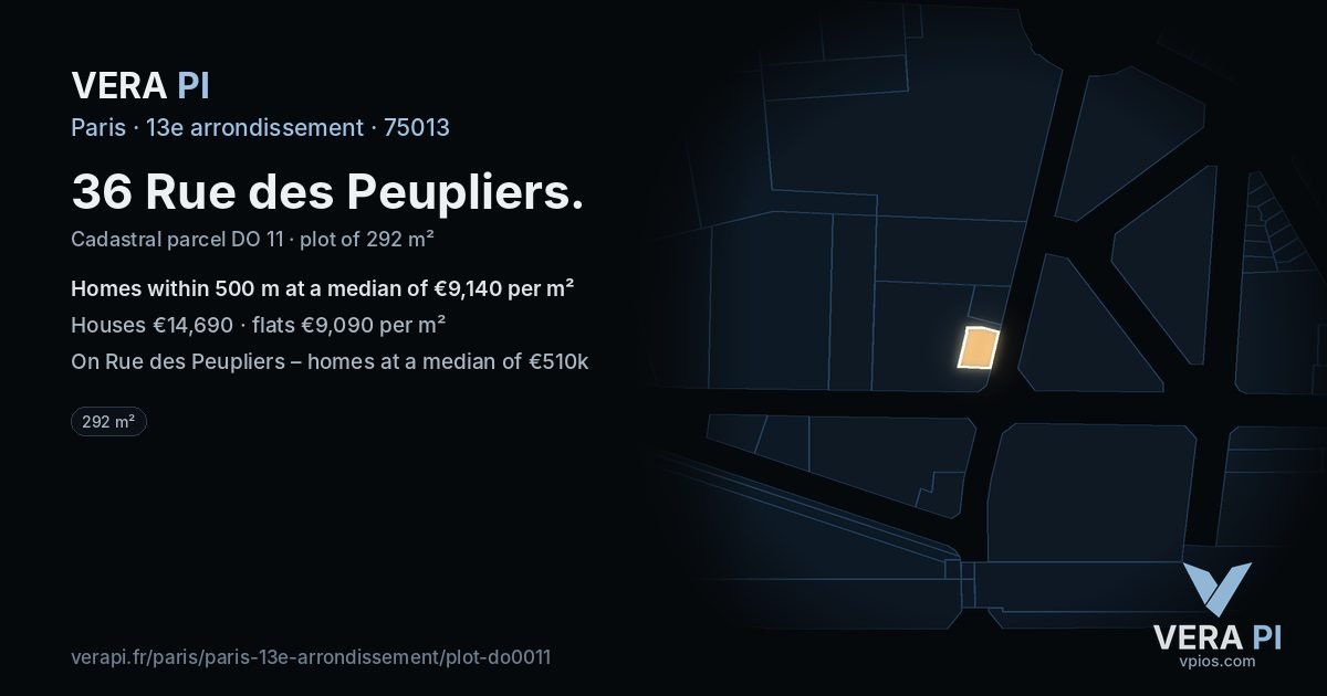 36 Rue des Peupliers, 13e arrondissement at night – the plot lit, the parcels around coloured by the prices near them