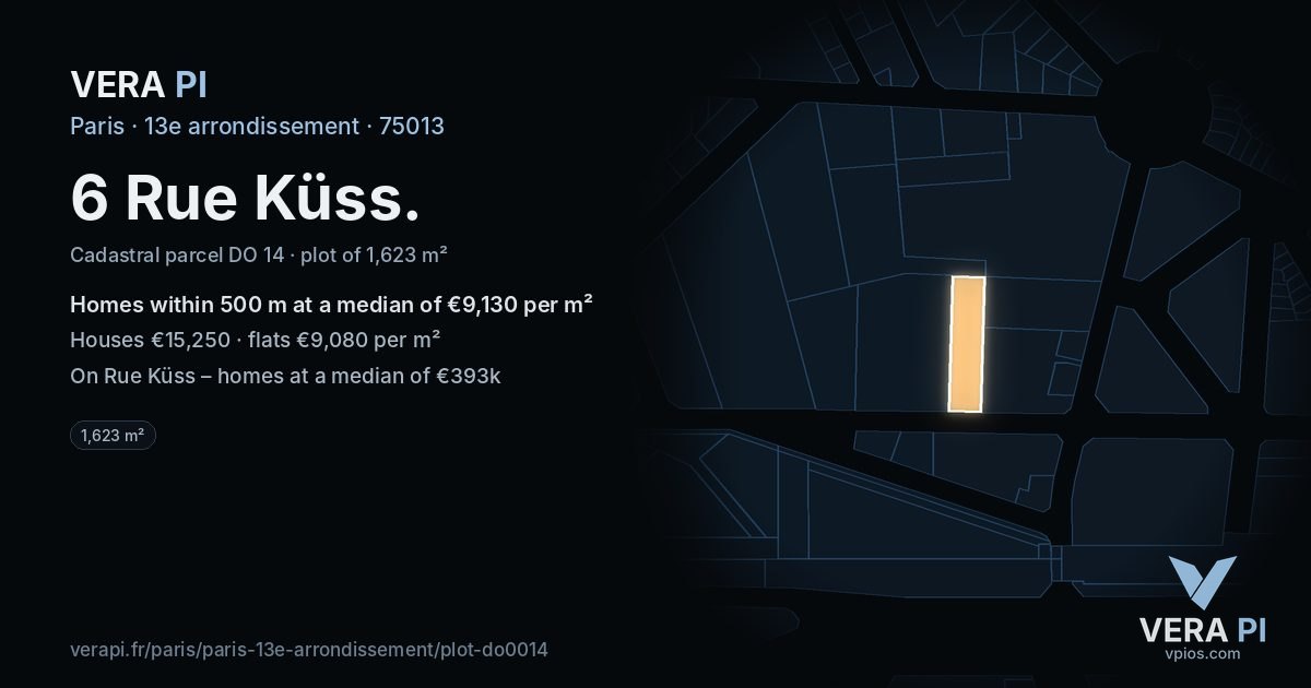 6 Rue Küss, 13e arrondissement at night – the plot lit, the parcels around coloured by the prices near them