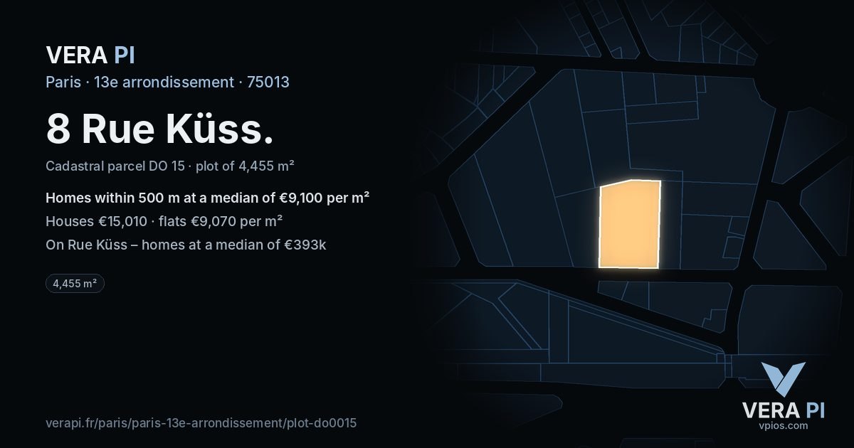 8 Rue Küss, 13e arrondissement at night – the plot lit, the parcels around coloured by the prices near them