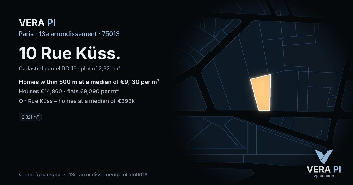 10 Rue Küss, 13e arrondissement at night – the plot lit, the parcels around coloured by the prices near them
