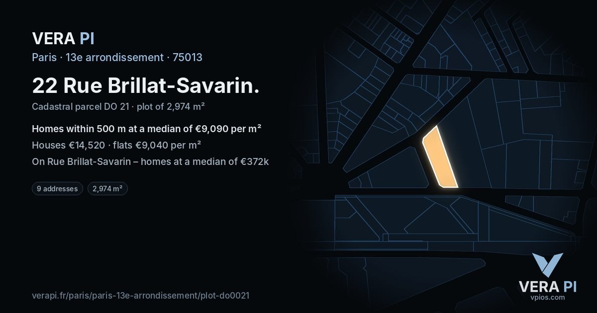 22 Rue Brillat-Savarin, 13e arrondissement at night – the plot lit, the parcels around coloured by the prices near them