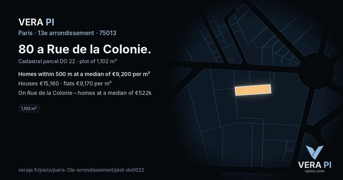 80 a Rue de la Colonie, 13e arrondissement at night – the plot lit, the parcels around coloured by the prices near them