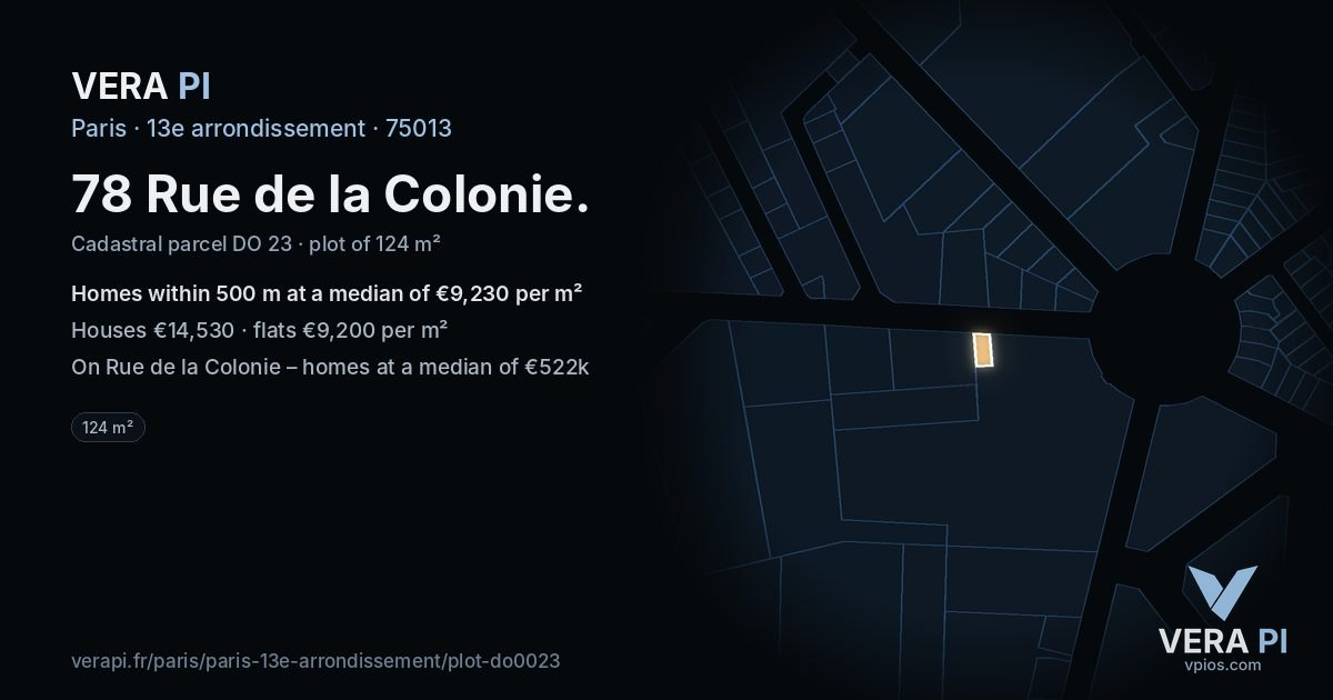 78 Rue de la Colonie, 13e arrondissement at night – the plot lit, the parcels around coloured by the prices near them
