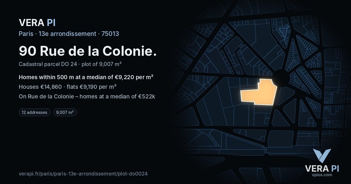 90 Rue de la Colonie, 13e arrondissement at night – the plot lit, the parcels around coloured by the prices near them