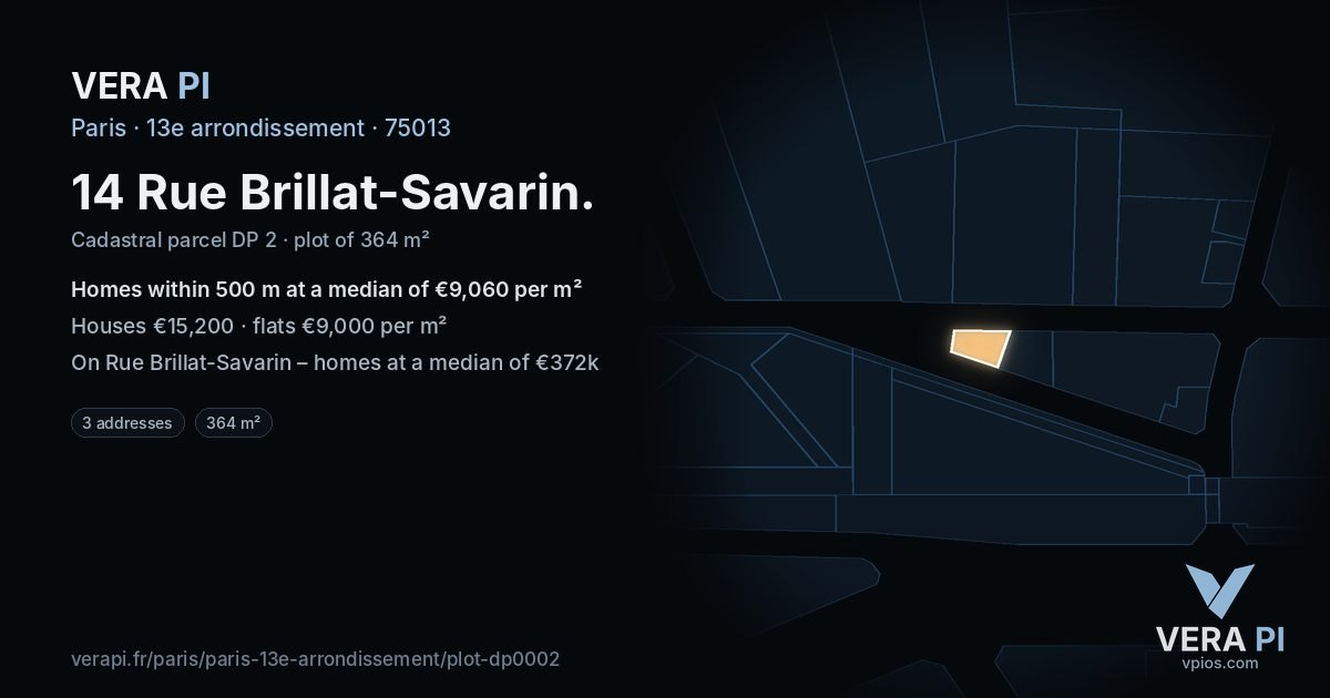 14 Rue Brillat-Savarin, 13e arrondissement at night – the plot lit, the parcels around coloured by the prices near them
