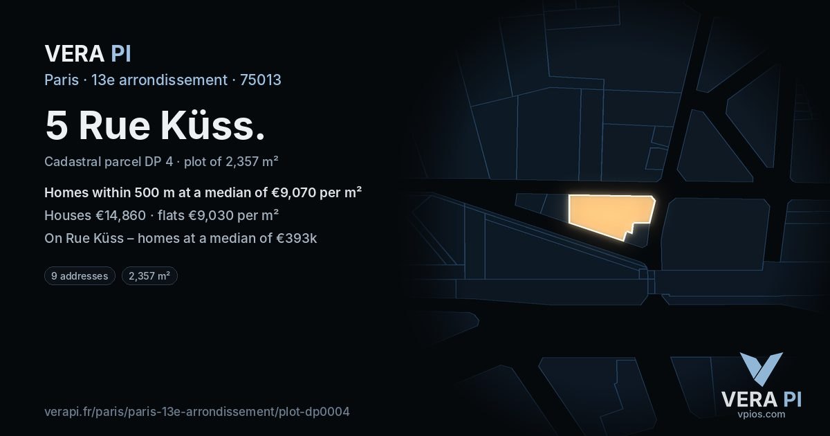 5 Rue Küss, 13e arrondissement at night – the plot lit, the parcels around coloured by the prices near them