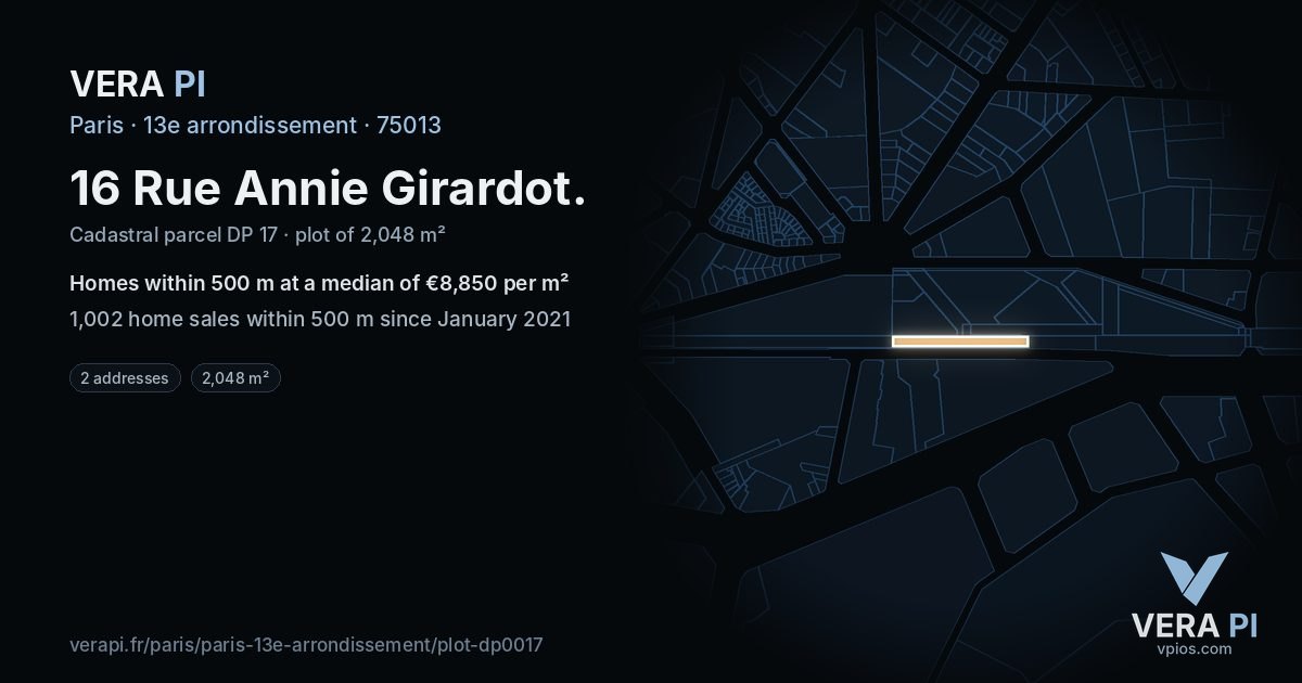 16 Rue Annie Girardot, 13e arrondissement at night – the plot lit, the parcels around coloured by the prices near them