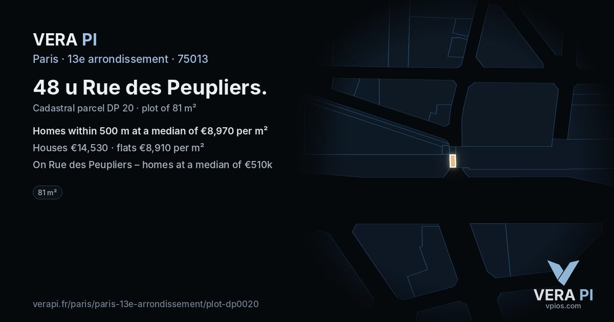 48 u Rue des Peupliers, 13e arrondissement at night – the plot lit, the parcels around coloured by the prices near them