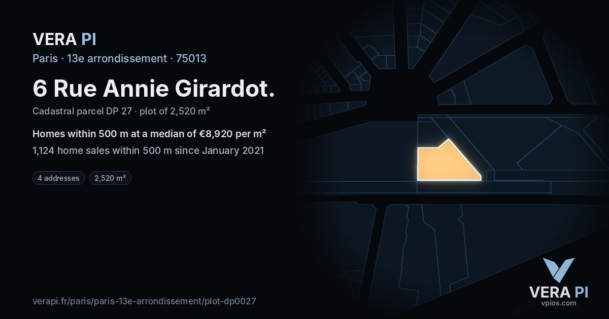 6 Rue Annie Girardot, 13e arrondissement at night – the plot lit, the parcels around coloured by the prices near them