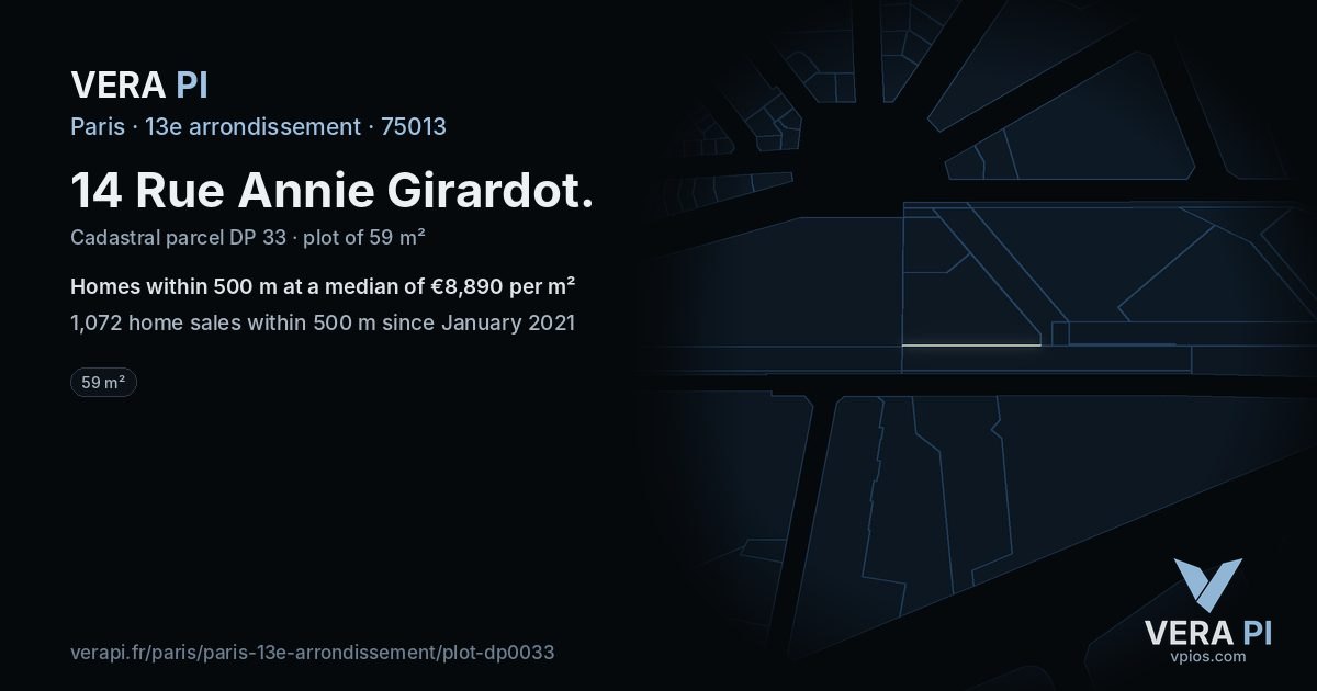 14 Rue Annie Girardot, 13e arrondissement at night – the plot lit, the parcels around coloured by the prices near them