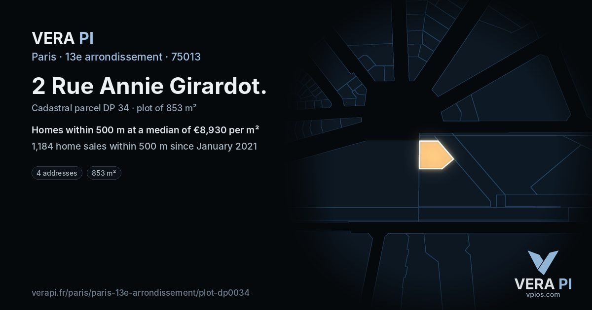 2 Rue Annie Girardot, 13e arrondissement at night – the plot lit, the parcels around coloured by the prices near them