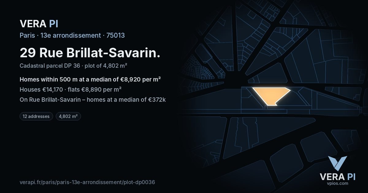 29 Rue Brillat-Savarin, 13e arrondissement at night – the plot lit, the parcels around coloured by the prices near them