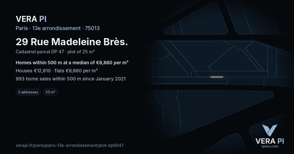 29 Rue Madeleine Brès, 13e arrondissement at night – the plot lit, the parcels around coloured by the prices near them