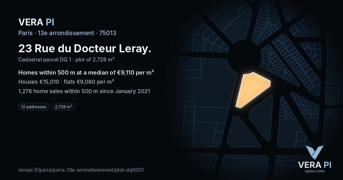 23 Rue du Docteur Leray, 13e arrondissement at night – the plot lit, the parcels around coloured by the prices near them