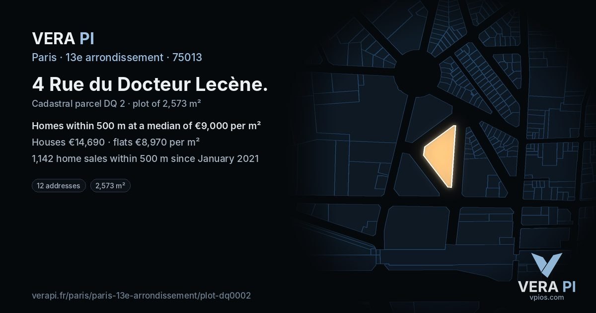 4 Rue du Docteur Lecène, 13e arrondissement at night – the plot lit, the parcels around coloured by the prices near them