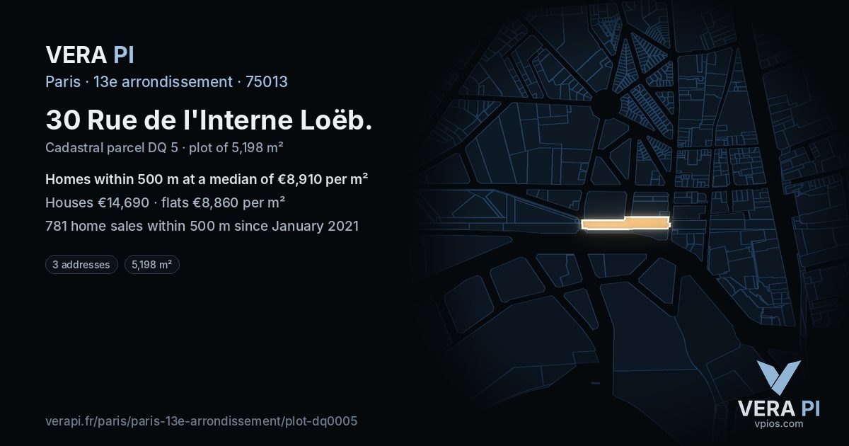 30 Rue de l'Interne Loëb, 13e arrondissement at night – the plot lit, the parcels around coloured by the prices near them