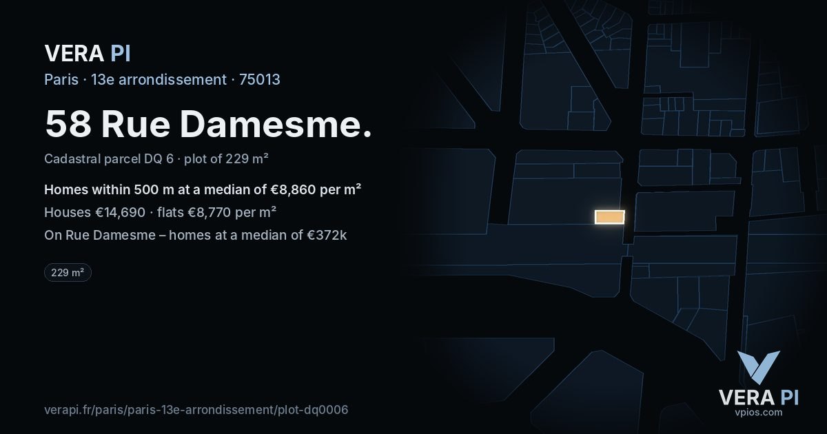 58 Rue Damesme, 13e arrondissement at night – the plot lit, the parcels around coloured by the prices near them