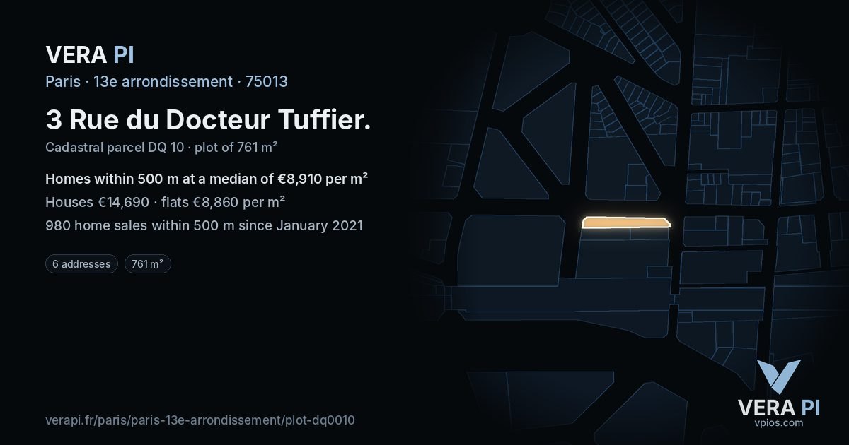 3 Rue du Docteur Tuffier, 13e arrondissement at night – the plot lit, the parcels around coloured by the prices near them
