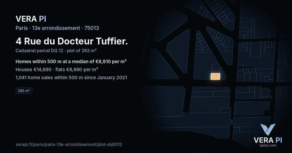 4 Rue du Docteur Tuffier, 13e arrondissement at night – the plot lit, the parcels around coloured by the prices near them