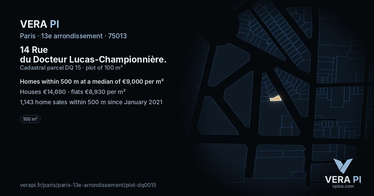 14 Rue du Docteur Lucas-Championnière, 13e arrondissement at night – the plot lit, the parcels around coloured by the prices near them