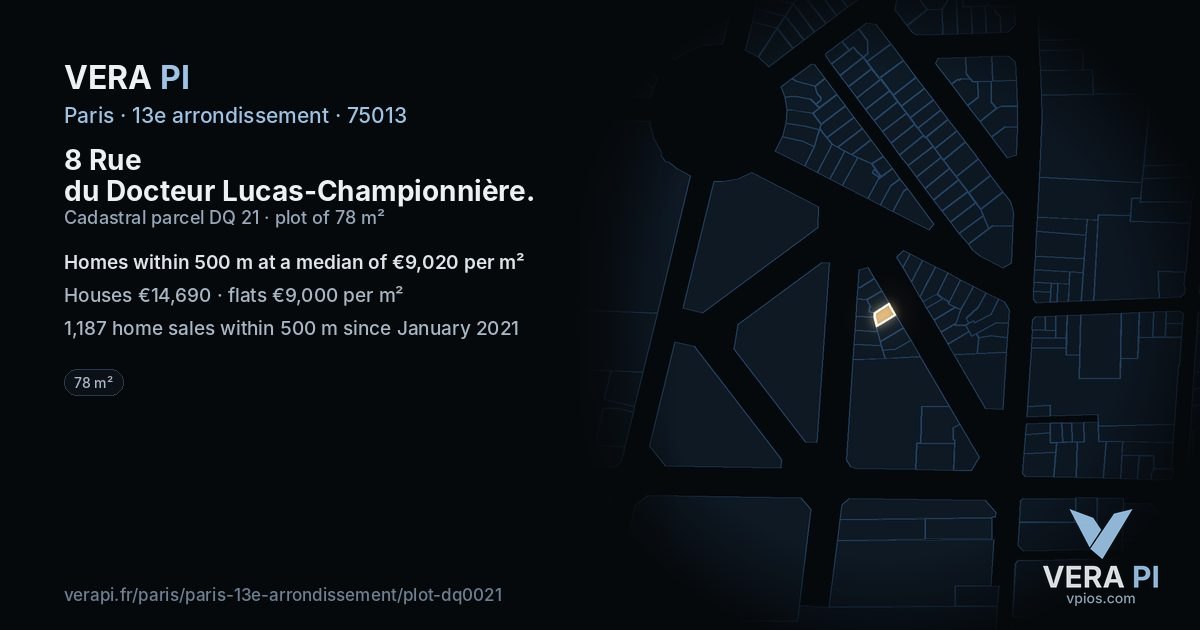 8 Rue du Docteur Lucas-Championnière, 13e arrondissement at night – the plot lit, the parcels around coloured by the prices near them