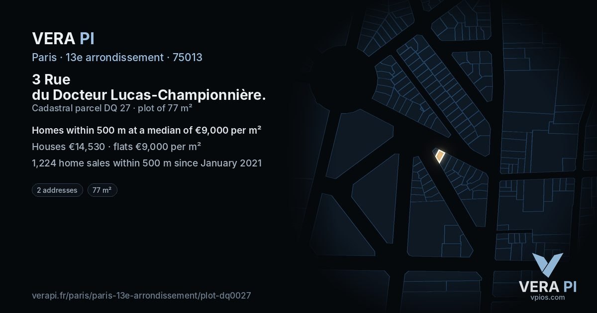 3 Rue du Docteur Lucas-Championnière, 13e arrondissement at night – the plot lit, the parcels around coloured by the prices near them