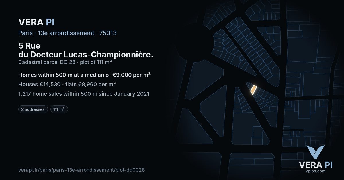 5 Rue du Docteur Lucas-Championnière, 13e arrondissement at night – the plot lit, the parcels around coloured by the prices near them