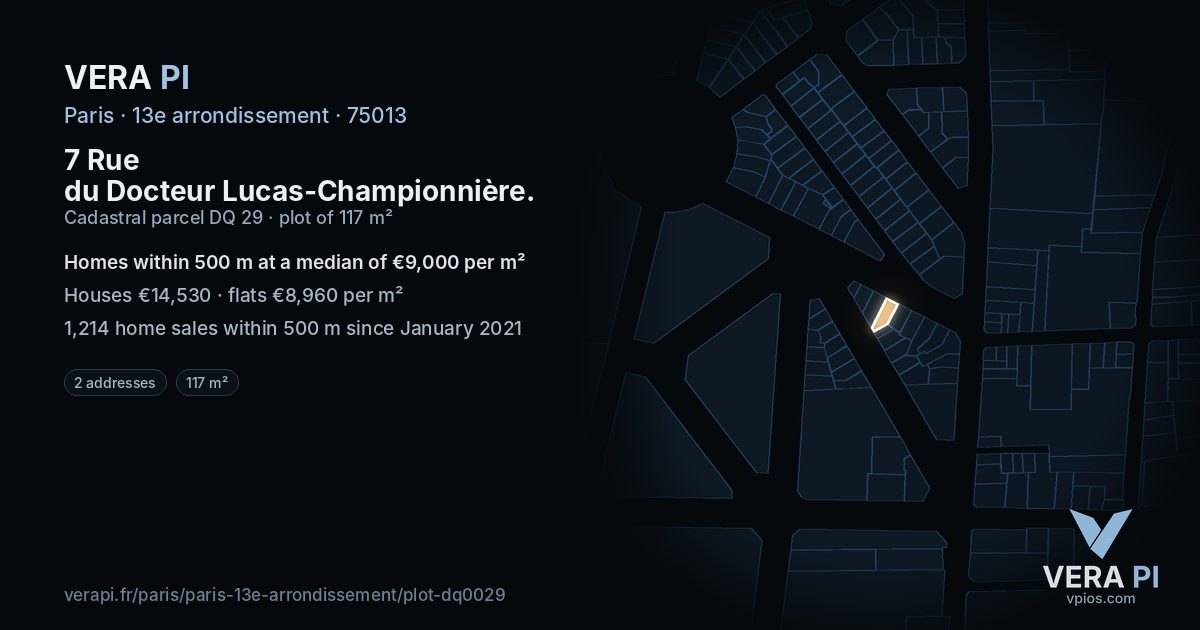 7 Rue du Docteur Lucas-Championnière, 13e arrondissement at night – the plot lit, the parcels around coloured by the prices near them