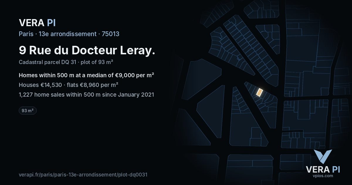 9 Rue du Docteur Leray, 13e arrondissement at night – the plot lit, the parcels around coloured by the prices near them