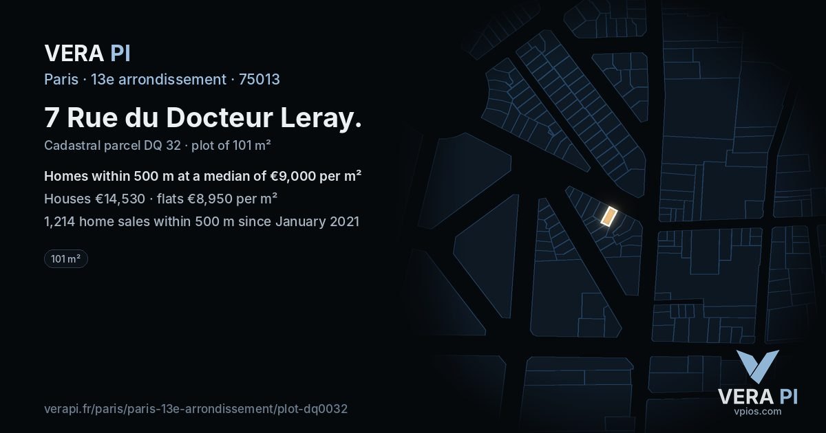 7 Rue du Docteur Leray, 13e arrondissement at night – the plot lit, the parcels around coloured by the prices near them