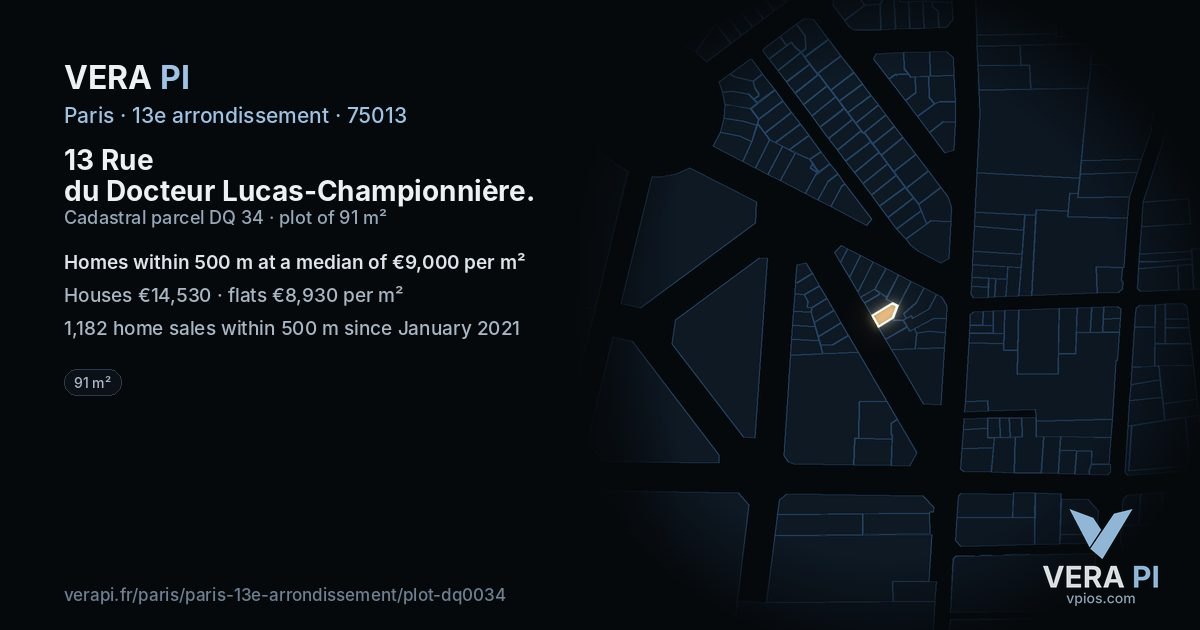 13 Rue du Docteur Lucas-Championnière, 13e arrondissement at night – the plot lit, the parcels around coloured by the prices near them