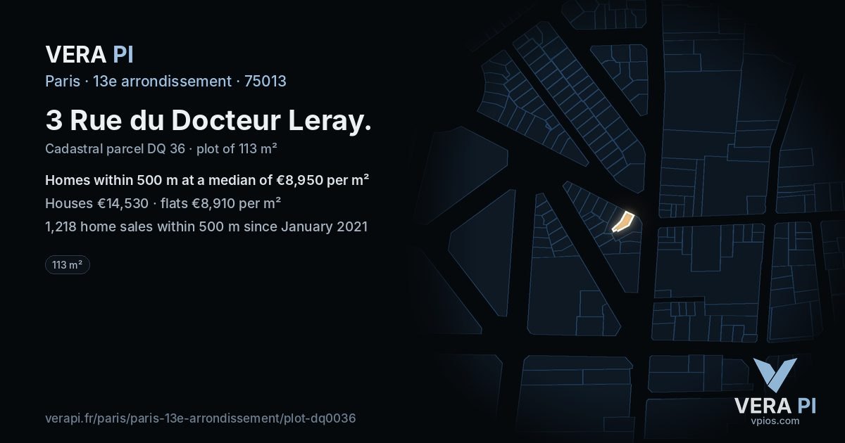 3 Rue du Docteur Leray, 13e arrondissement at night – the plot lit, the parcels around coloured by the prices near them