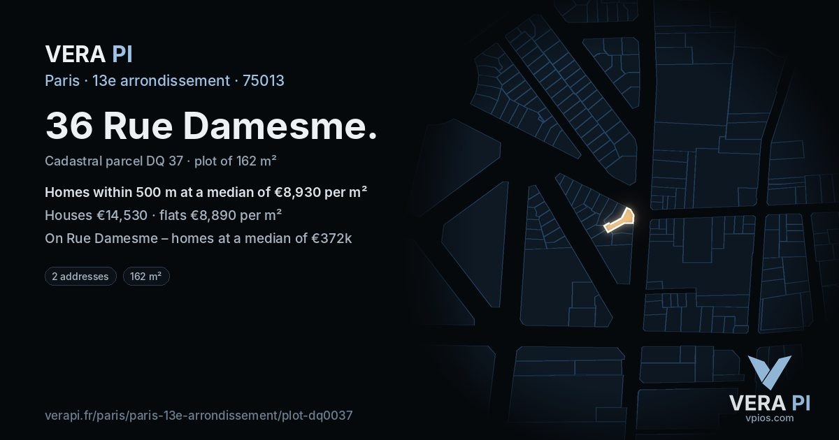 36 Rue Damesme, 13e arrondissement at night – the plot lit, the parcels around coloured by the prices near them