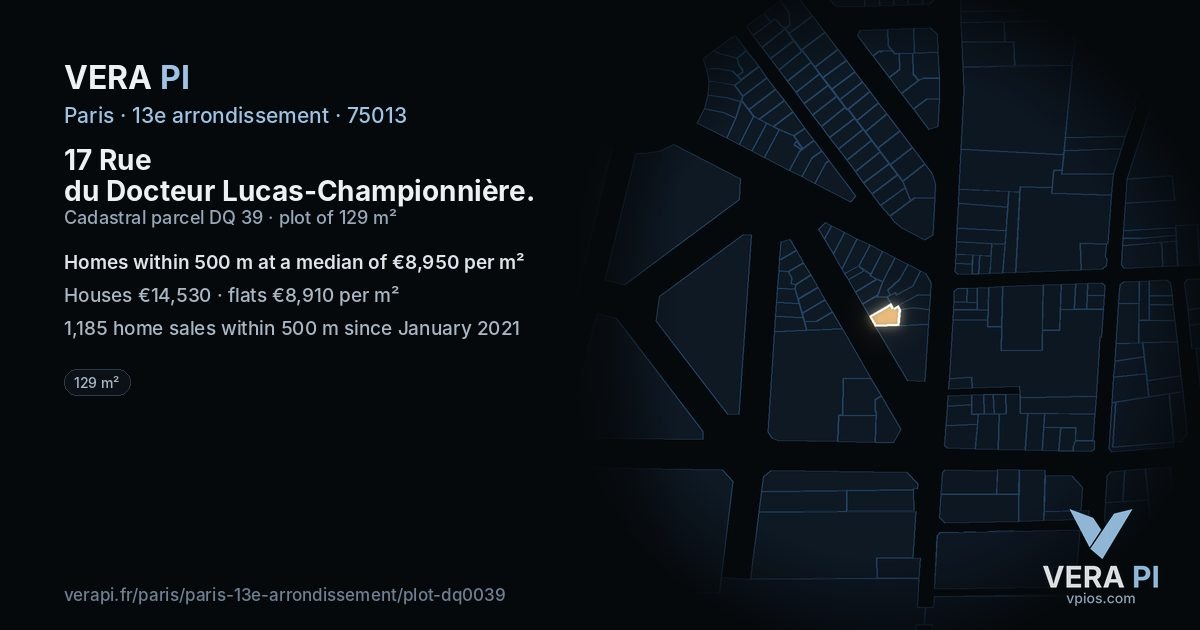 17 Rue du Docteur Lucas-Championnière, 13e arrondissement at night – the plot lit, the parcels around coloured by the prices near them