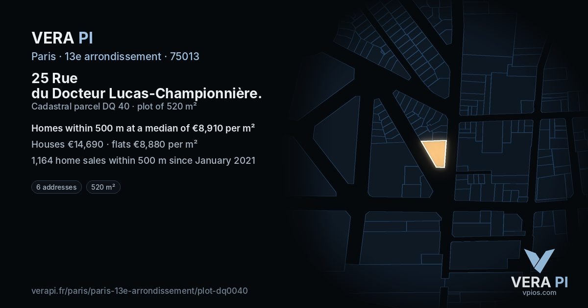 25 Rue du Docteur Lucas-Championnière, 13e arrondissement at night – the plot lit, the parcels around coloured by the prices near them