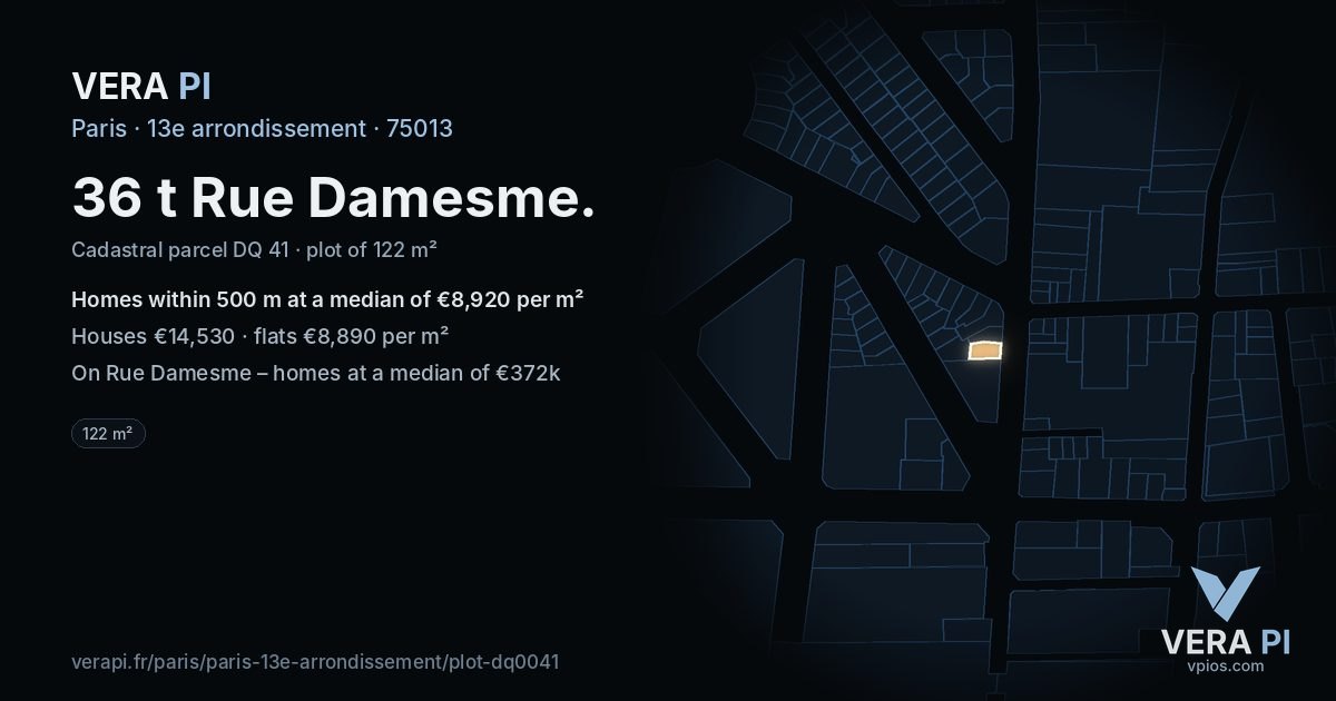 36 t Rue Damesme, 13e arrondissement at night – the plot lit, the parcels around coloured by the prices near them