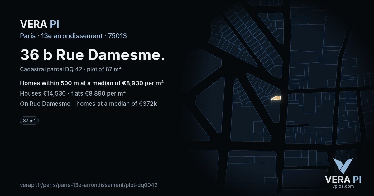 36 b Rue Damesme, 13e arrondissement at night – the plot lit, the parcels around coloured by the prices near them