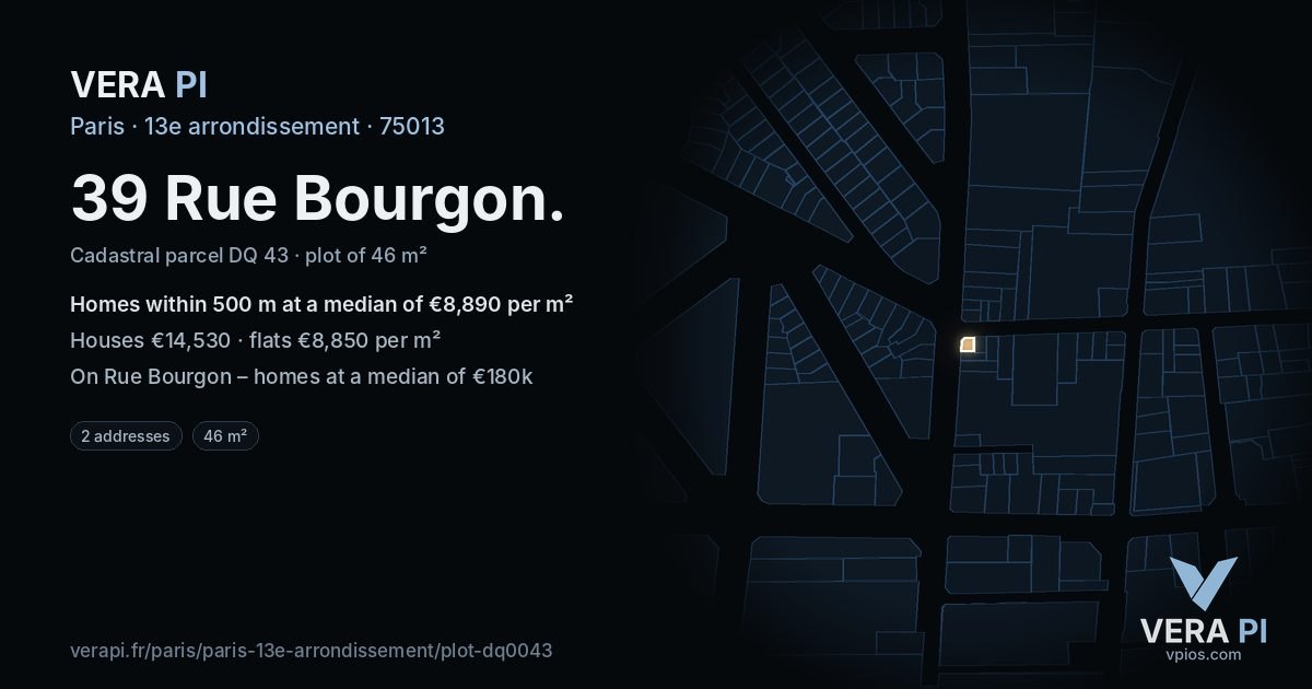 39 Rue Bourgon, 13e arrondissement at night – the plot lit, the parcels around coloured by the prices near them