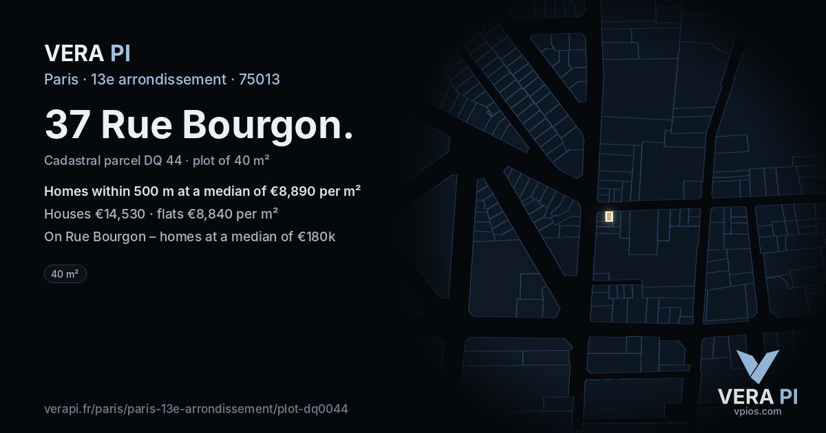 37 Rue Bourgon, 13e arrondissement at night – the plot lit, the parcels around coloured by the prices near them