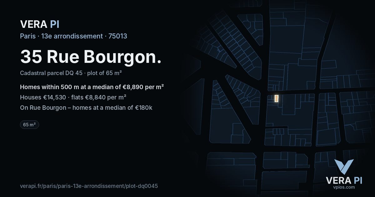 35 Rue Bourgon, 13e arrondissement at night – the plot lit, the parcels around coloured by the prices near them