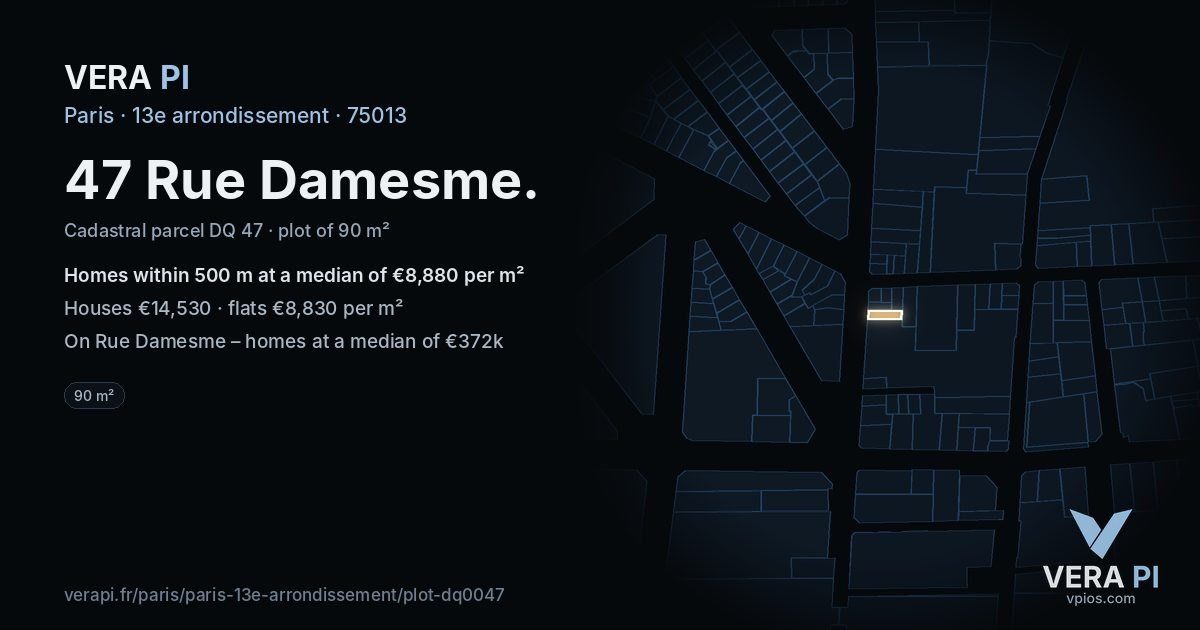 47 Rue Damesme, 13e arrondissement at night – the plot lit, the parcels around coloured by the prices near them