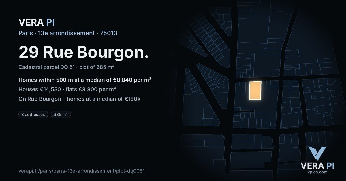 29 Rue Bourgon, 13e arrondissement at night – the plot lit, the parcels around coloured by the prices near them