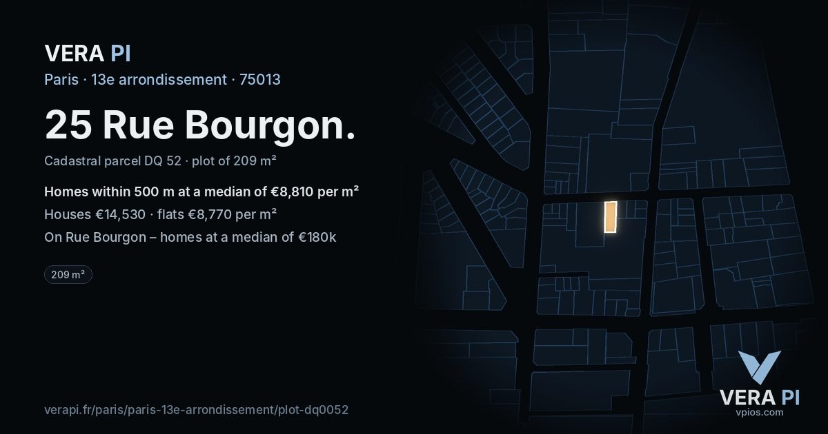 25 Rue Bourgon, 13e arrondissement at night – the plot lit, the parcels around coloured by the prices near them