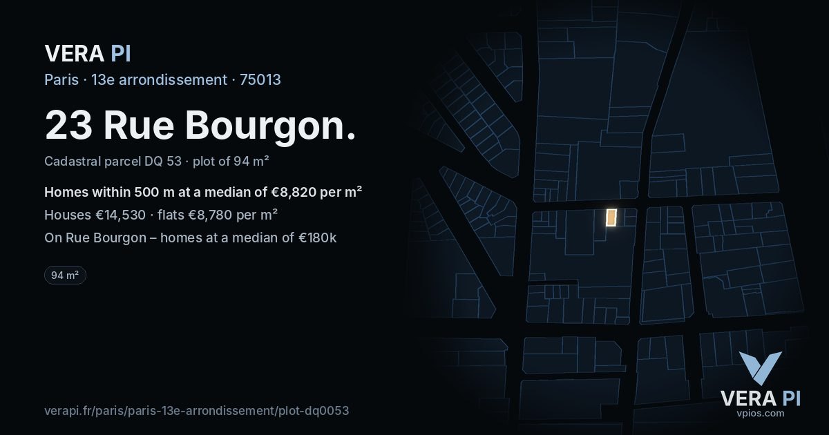 23 Rue Bourgon, 13e arrondissement at night – the plot lit, the parcels around coloured by the prices near them