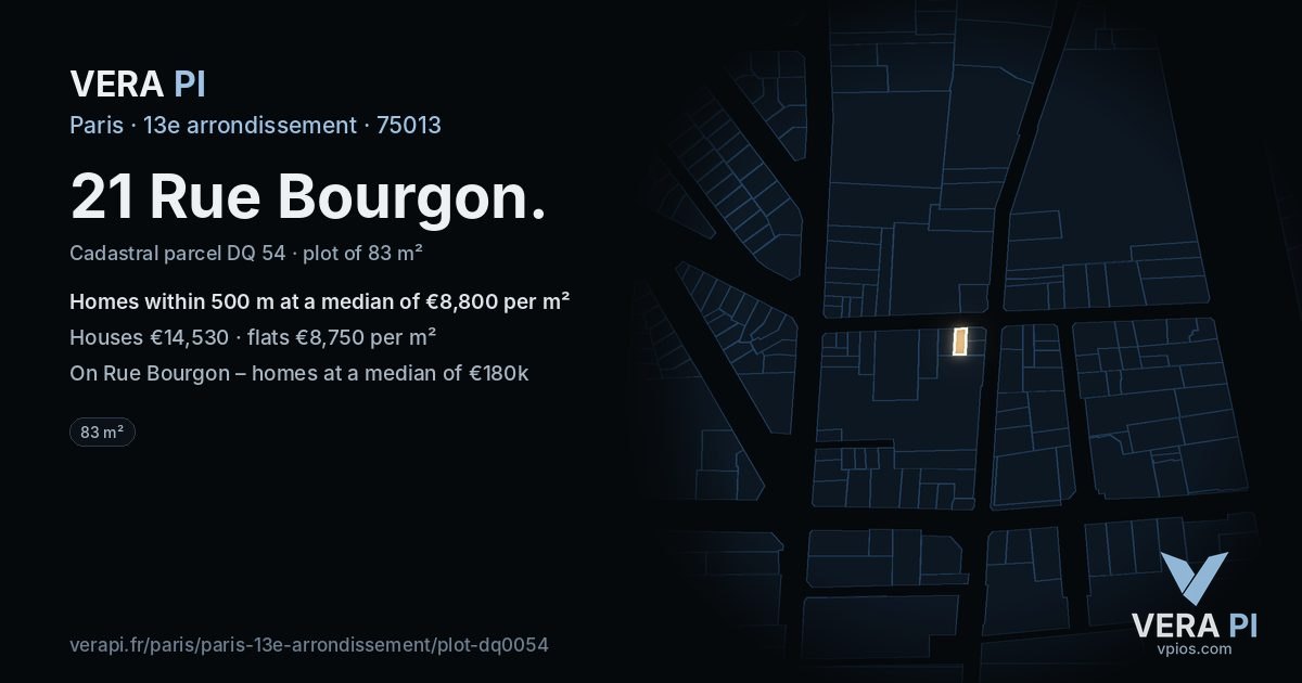 21 Rue Bourgon, 13e arrondissement at night – the plot lit, the parcels around coloured by the prices near them